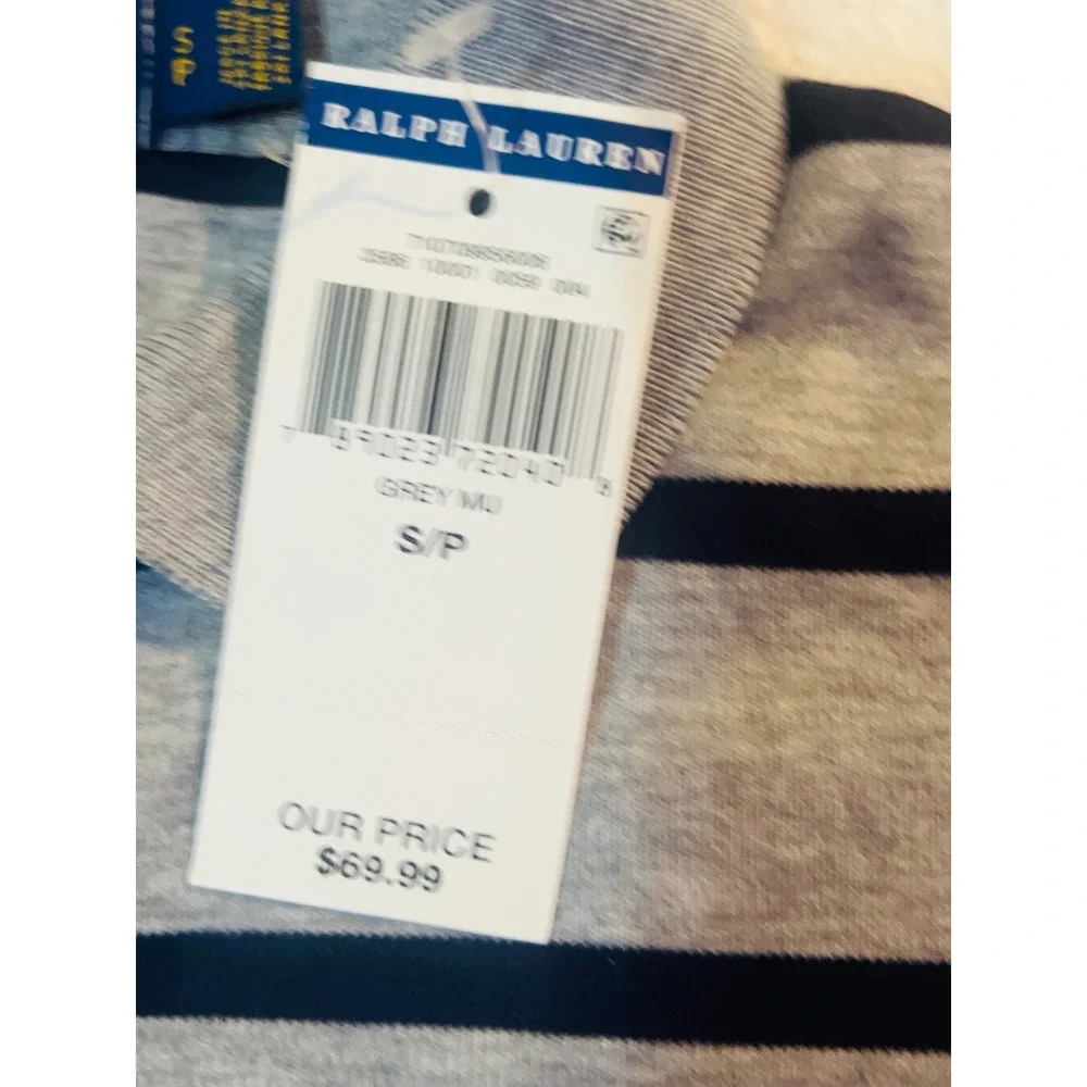 Polo Ralph Lauren Mens Grey Navy Blue Striped Cotton Polo Shirt Small NWT